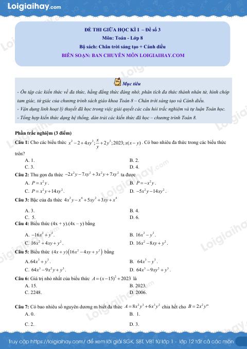 Đề thi giữa kì 1 Toán 8 - Đề số 3